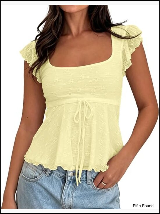 Tops - Boho Floral Mesh Layered Ruffle Peplum Crop Tank Top Y2k Cap Sleeve Babydoll